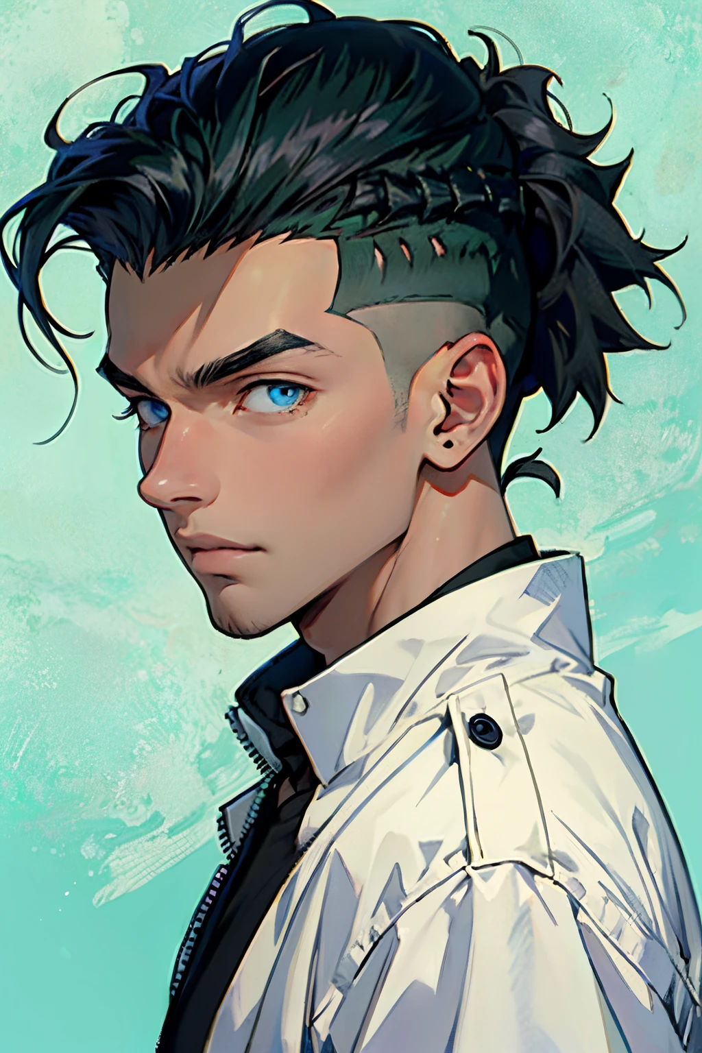 Ellion Quincy, man, young, with half shaved hair on the sides and short hair on top, guy with blue eyes, guy with black hair, Anime, Undercut hairstyle, green background