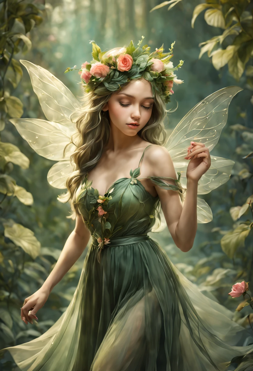 Fantasy exquisite and beautiful flower fairy girl wearing a flower crown，Wearing a petal-like skirt，Hold a magic wand，Lush green plants like a flower fairy stepping out of a fairy tale world，Breathing the fresh air，Feel the beauty of nature, magic, fog, water and air, works of film masters and artists