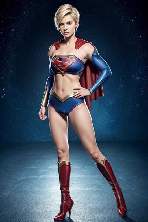 4k highly detailed realistic Supergirl, blonde short pixie cut hair, ((sharp Jawline)), (full body Including Legs), Seduction and fantastic poses