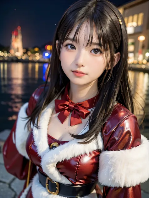 A Japanese Lady，Beautuful Women，Girl dressed as Santa Claus，Night，illuminations，surrealism, F/1.2, Fuji Film, 35 mm, 8K, Super Detail, nffsw, masutepiece, Textured skin, High quality, Best Quality, hard disk