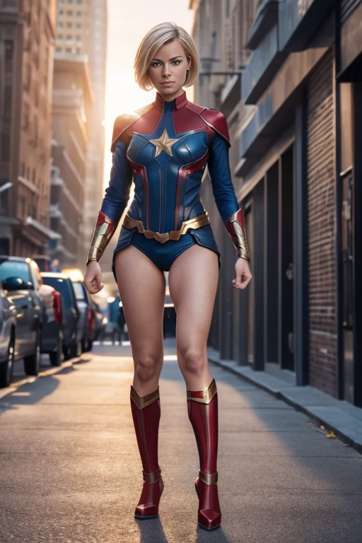 Miss Marvel réaliste très détaillée en 4K tirée des bandes dessinées Marvel, cheveux blonds courts coupés lutin, ((mâchoire pointue)), (corps entier, y compris les jambes), Séduction et poses fantastiques