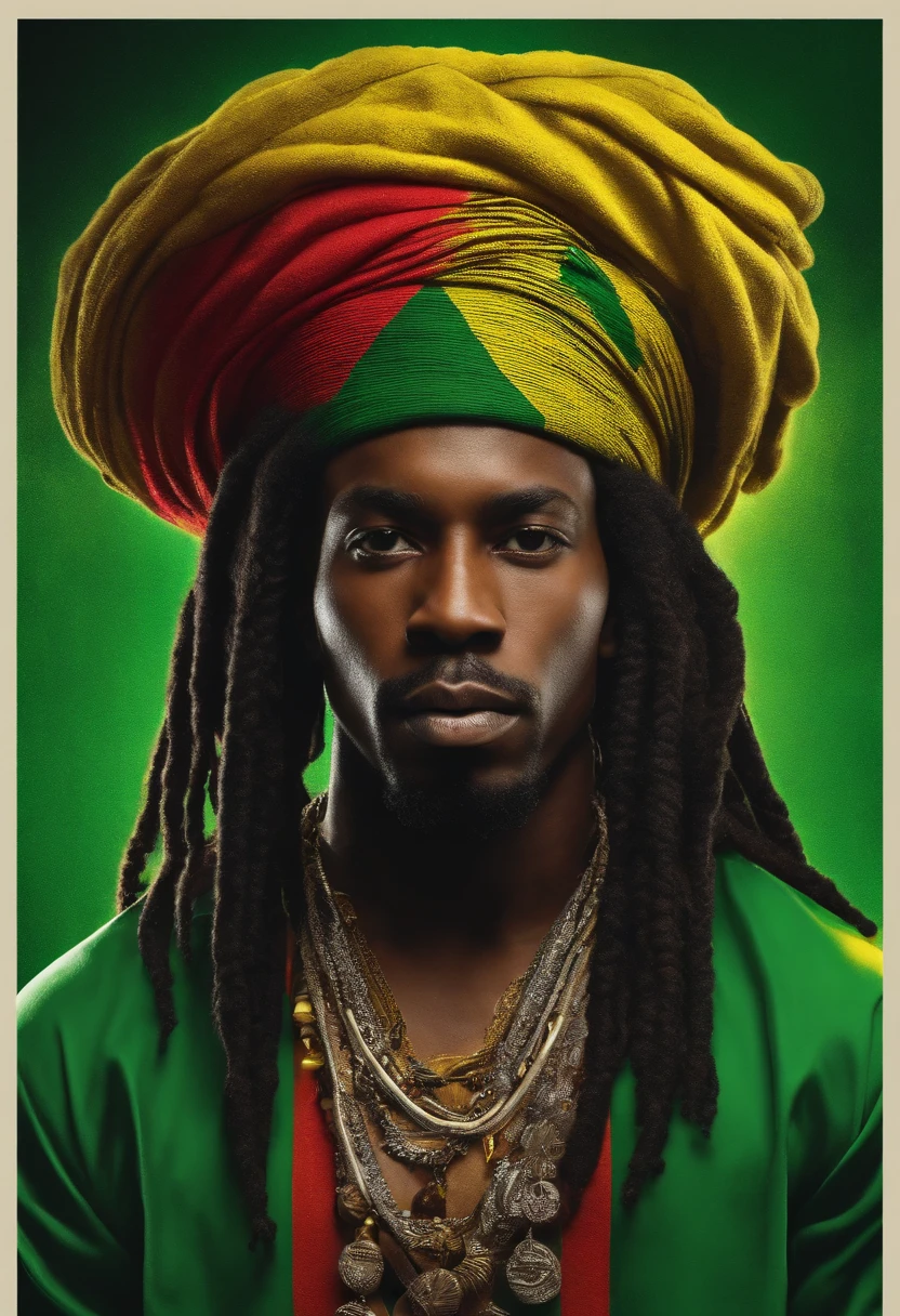 Créez un logo avec la tête d’un homme noir avec des dreadlocks de couleurs noires, vert, jaune et rouge (avoir hâte de) , Logo Style Image , Sobre, (fond noir), Image avec une résolution d&#39;au moins 300 dpi, UHD 8k, Très haute qualité pour une excellente impression. Un éclairage qui met en valeur la silhouette par rapport au fond, couleurs reggae,