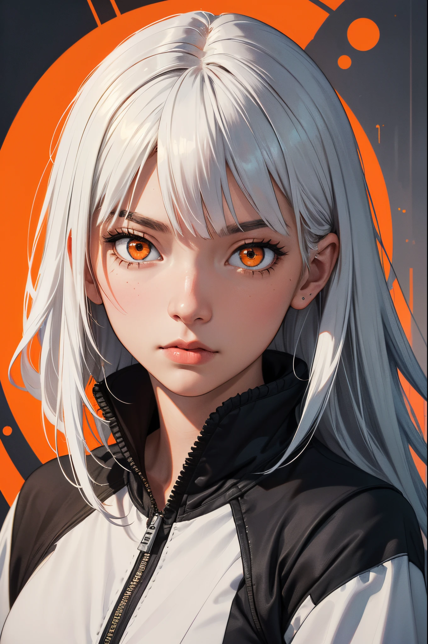 style of Tsutomu Nihei,(incredibly absurdres, (high resolution:1.18), intricate detail, (masterpiece:1.1), (highest quality:1.1), absurdres),(1girl, portrait, white hair, orange eyes, long hair, detailed eyes),