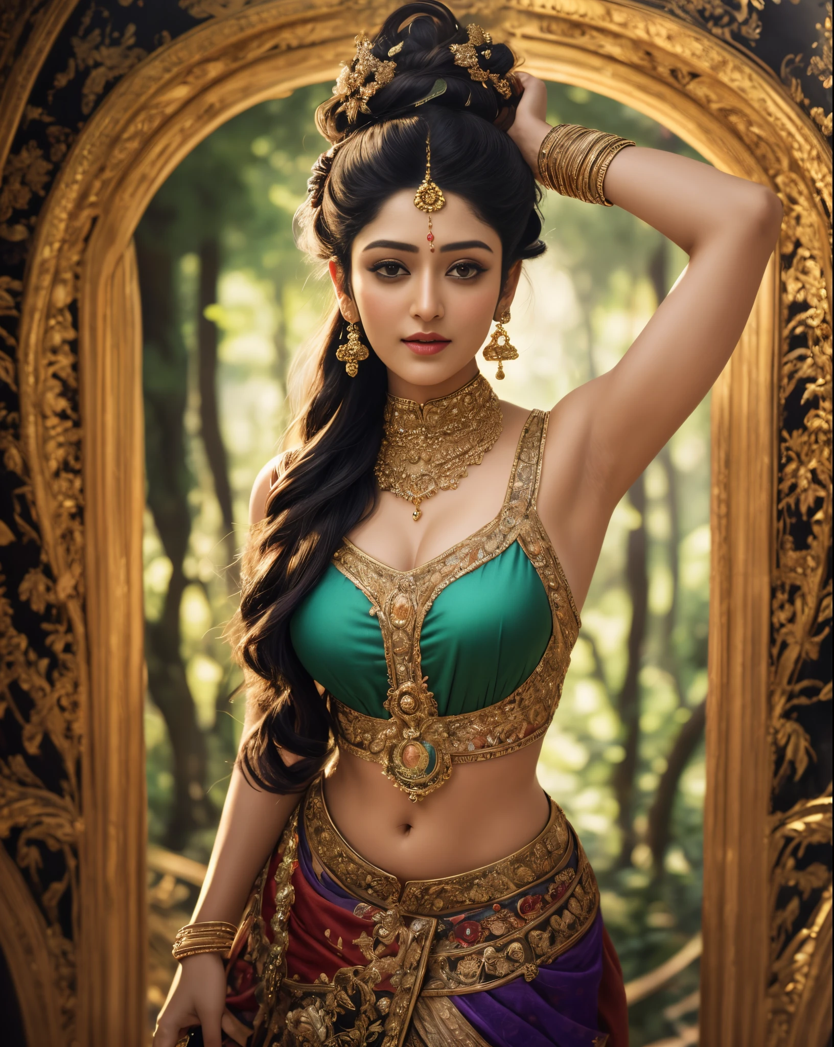 Mélange de visages d&#39;Anushka Shetty et Nayanthara, un chef-d&#39;œuvre ultraréaliste, portrait ultradétaillé d&#39;une belle fille dans une incroyable armure Goledn. baroque renaissance. dans la foret. Coup moyen, complexe, élégant, très détaillé. tendance sur artstation, art numérique, par Stanley Artgerm Lau, Oups, rossdessine, James Jean, Andreï Riabovitchev, marc simonetti, Yoshitaka Amano. background by James Jean and gustav klimt, lumière par Julie Bell, 4k, peau de porcelaine.