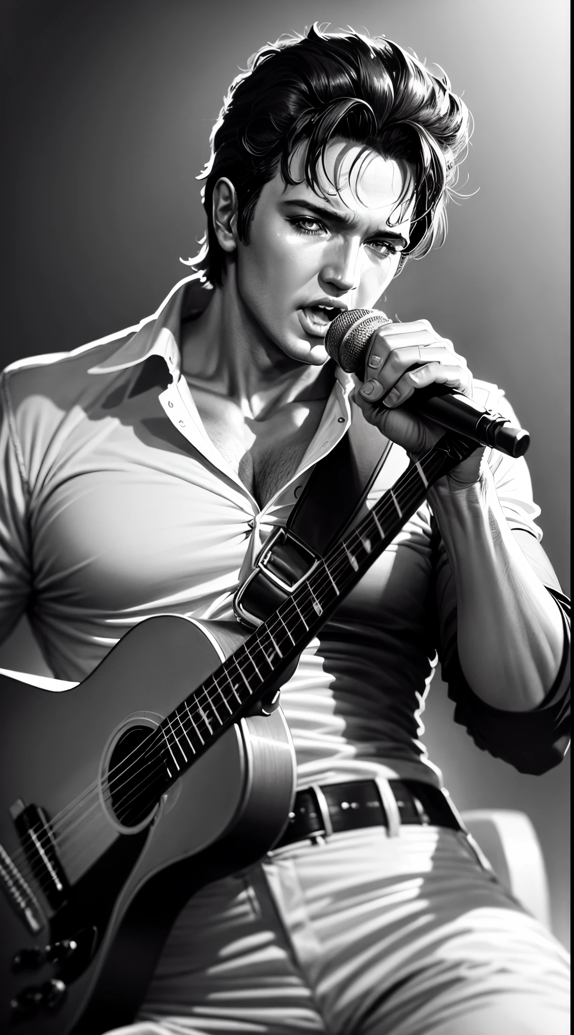 Crie uma imagem close UP corpo inteiro de Elvis Presley, cantando para os fãs melhor qualidade Alta qualidade