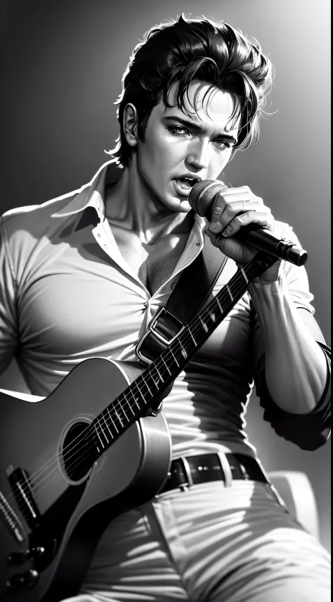 Crie uma imagem close UP corpo inteiro de Elvis Presley, singing for fans best quality High quality