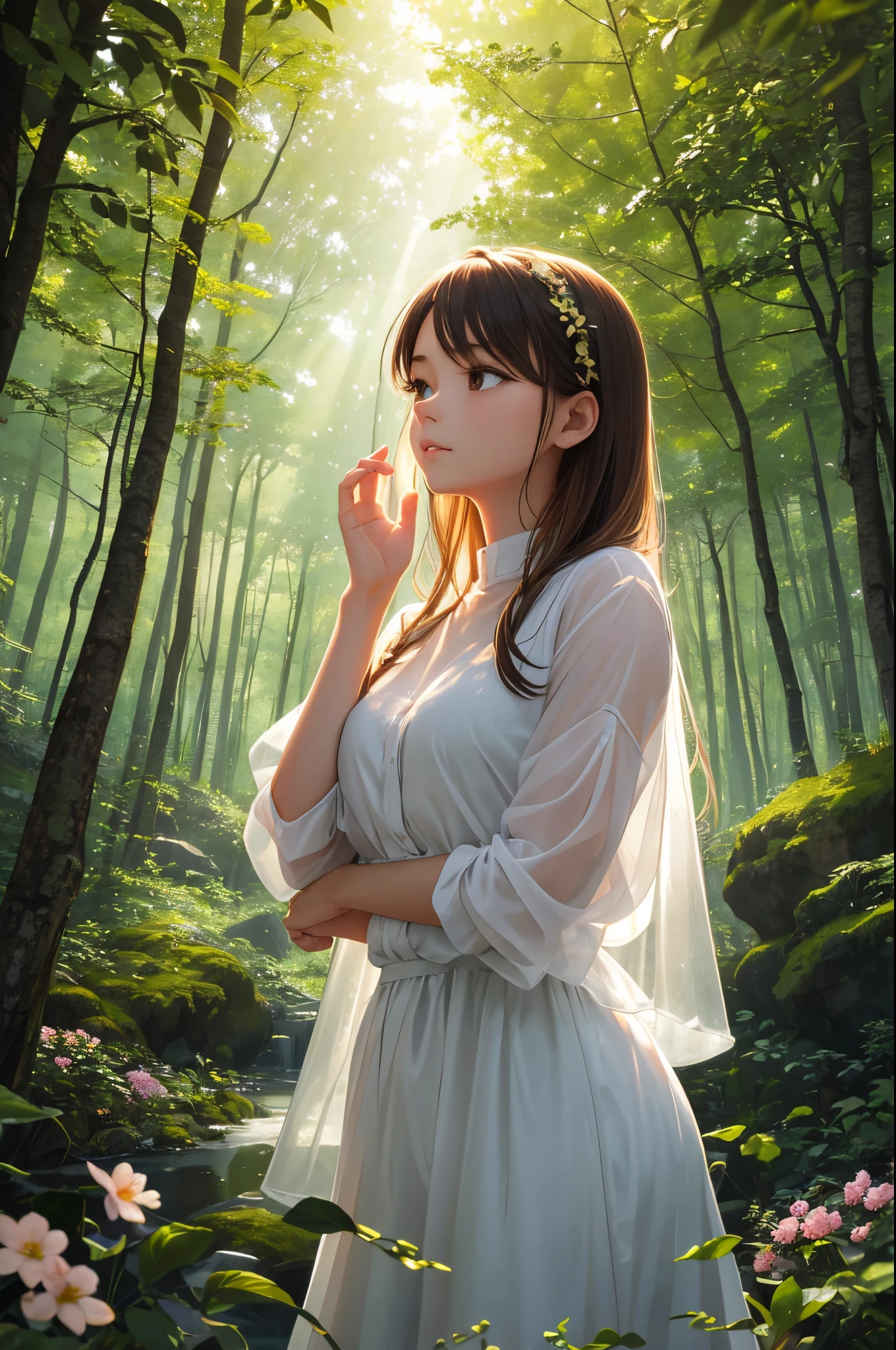 A girl, transparent white shirt, with scandinavian features, wearing white shirt, is standing in a serene forest during the early morning. The sun's golden rays gently illuminate the surroundings, creating a magical atmosphere. The light seems to glow softly, casting a heavenly glow on the girl's delicate features. The forest is in full bloom, with vibrant flowers and lush greenery all around. The air is filled with a sweet scent of blossoms. The girl is enjoying the tranquility of the moment, her arms folded, revealing a soft glimpse of her armpit. The overall image exudes a sense of ethereal beauty and serenity. The quality of the artwork is of the highest standards with ultra-detailed and realistic elements. The color palette is vibrant and vivid, enhancing the enchanting atmosphere of the scene. The lighting adds depth and warmth to the composition, further accentuating the girl's serene presence in this picturesque forest.