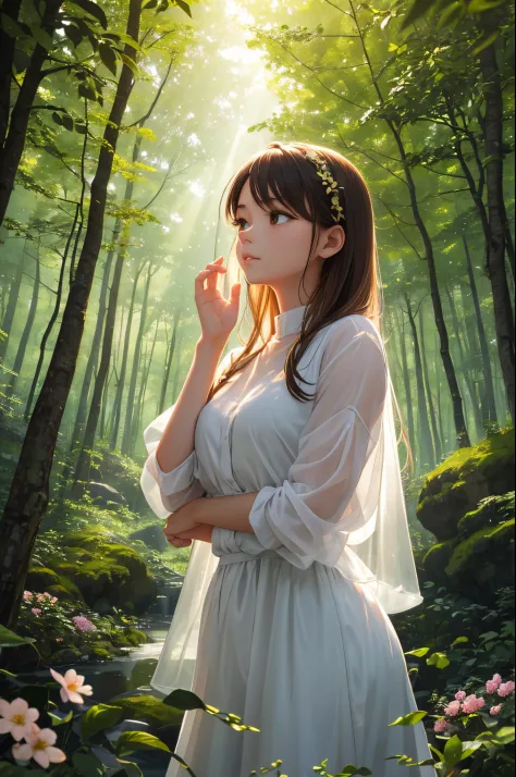 A girl, transparent white shirt, with scandinavian features, wearing white shirt, is standing in a serene forest during the earl...