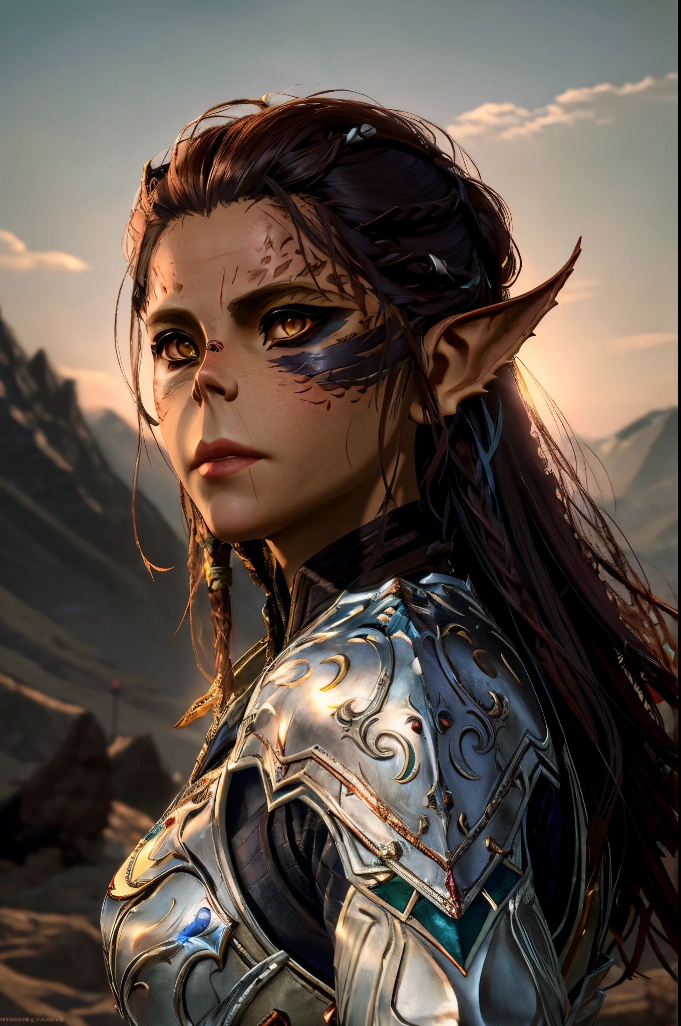 Lae'zel from Baldur's Gate 3 in armor with a sword and a mountain in the background, female elf, half elf woman, of an elden ring elf, elven character with smirk, portrait of an elven warrior, 4 k detail fantasy, half orc half elf woman, a portrait of an elf, female elfling, hyperrealistic fantasy art, portrait of an elf