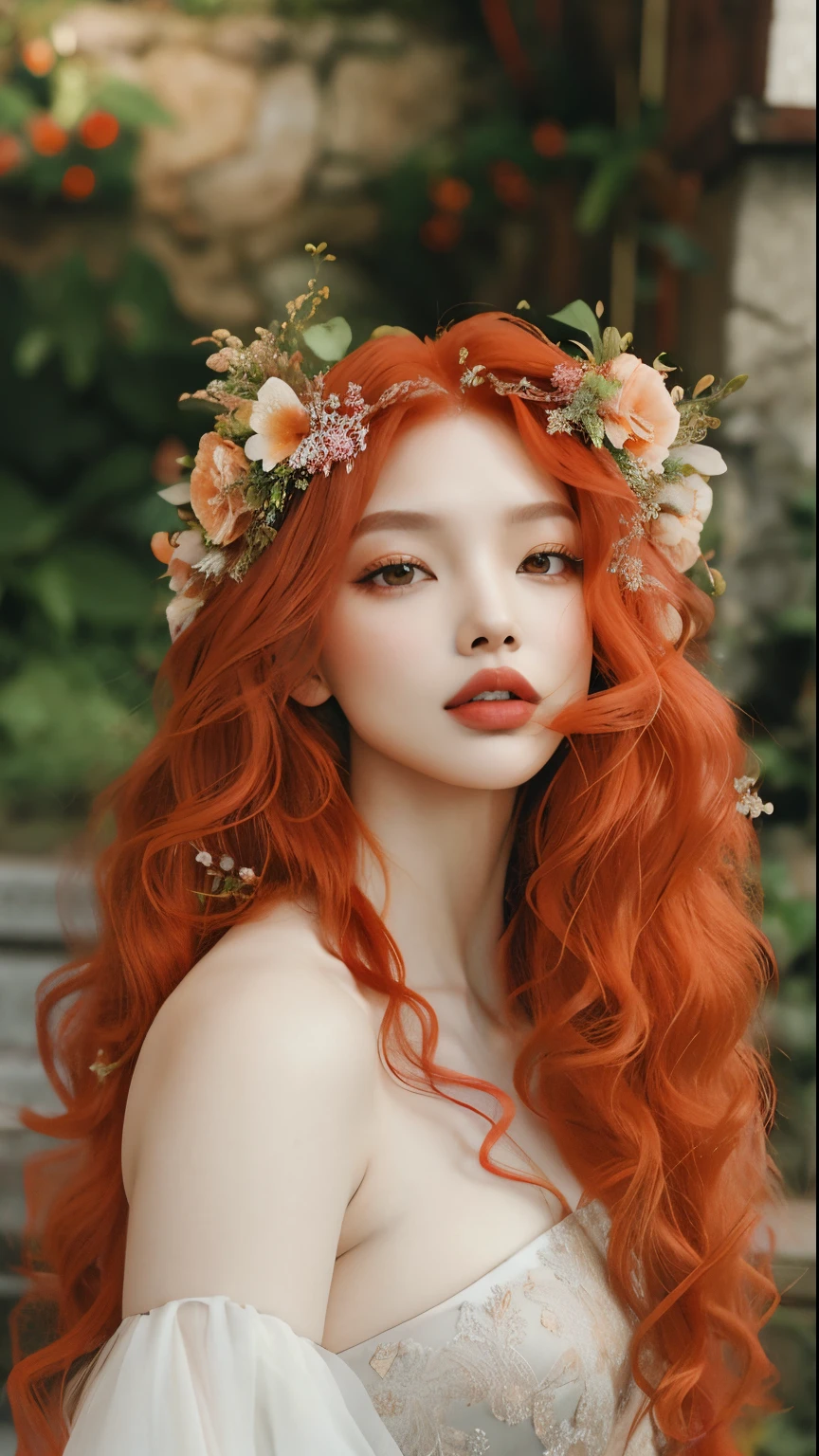 A woman with red hair and a flower crown on her head - SeaArt AI