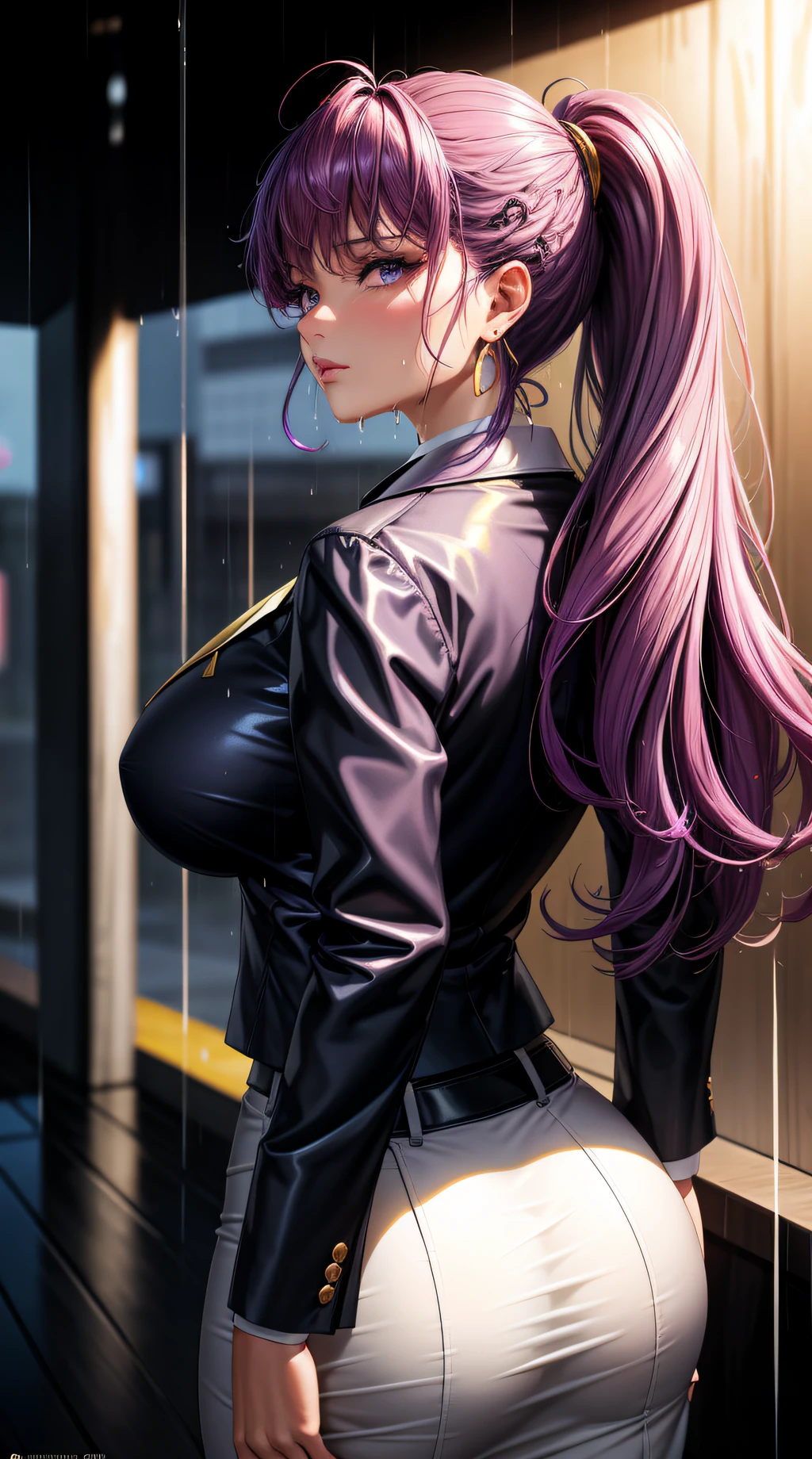 (best quality:1.5, highres, UHD, 4K, detailed lighting, shaders), purple floral haired, gradient hair, large breasts, suit, gray shirt, social shirt, short skirt, mature woman , (pov), white background, colorful eyeshadow, dramatic lighting, sparkling eyes, sensual expression, golden earrings, flowing hair, delicate facial features, dark skin, high cheekbones, urban setting, white background, dont look for the camera, lean forward, view from behind , wet by rain raining.