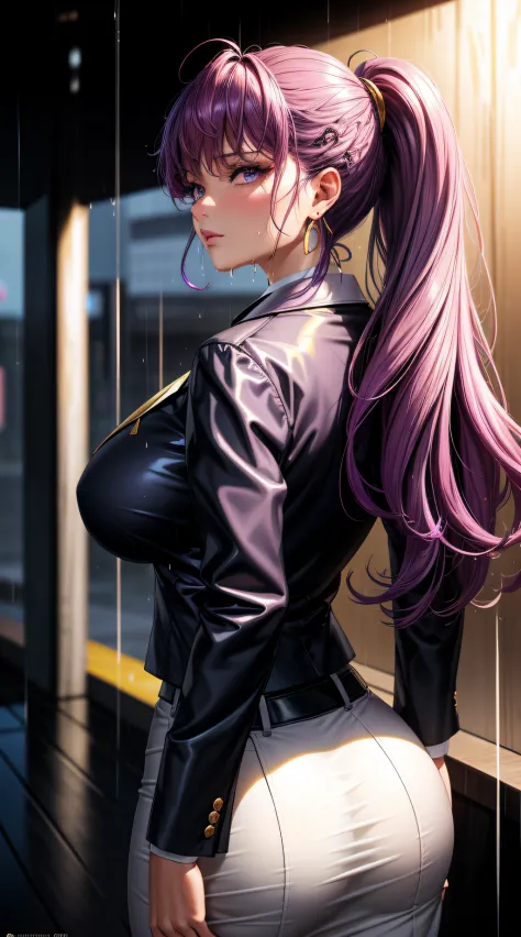 (best quality:1.5, highres, UHD, 4K, detailed lighting, shaders), purple floral haired, gradient hair, large breasts, suit, gray...