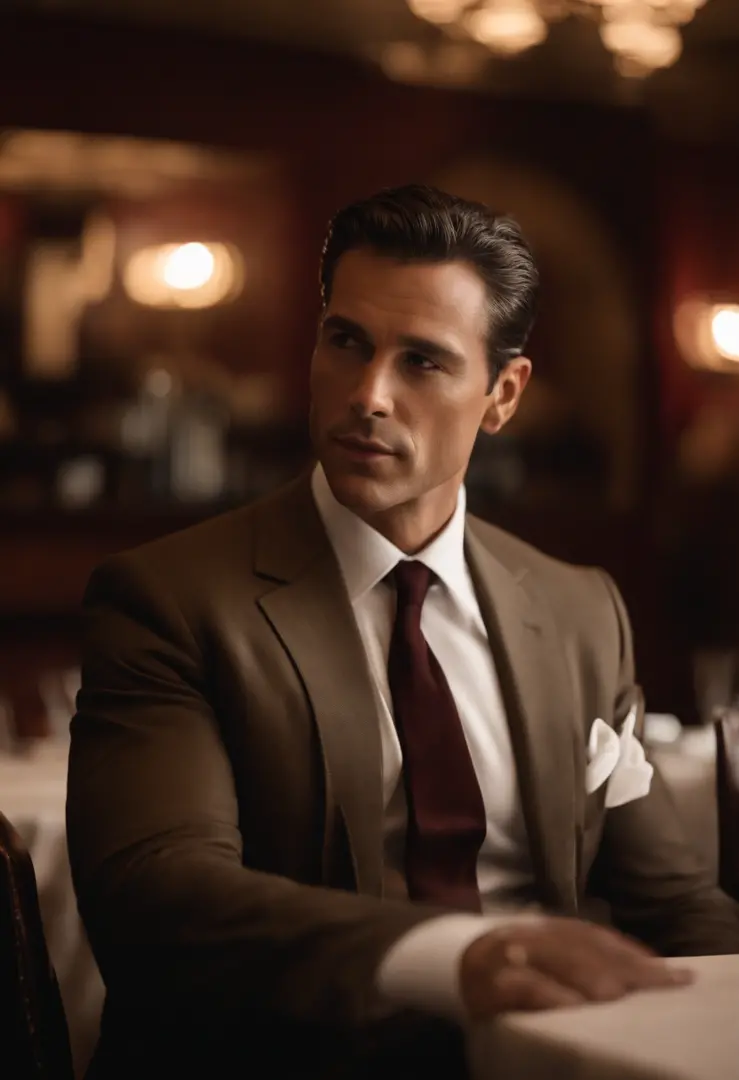 A cozy café with dim lighting and a rustic decor.,original,A towering figure in Hollywood, exudes an intimidating presence with his broad shoulders and piercing gaze, often seen in impeccably tailored suits that signal his power and status. His face, marke...