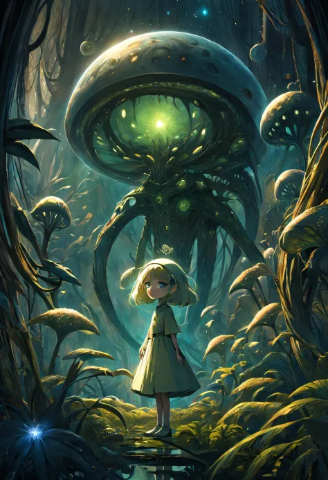 "amidst the enigmatic surroundings of a distant planet, a girl with wide eyes explores the metallic wonders of an alien flora. t...