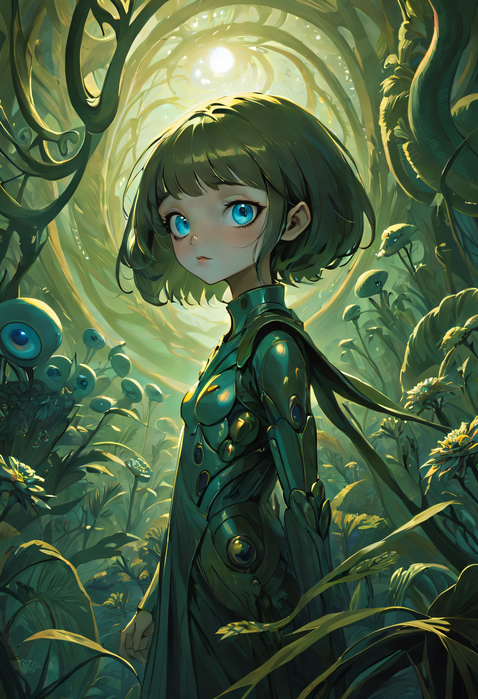 "Amidst the enigmatic surroundings of a distant planet, a girl with wide eyes explores the metallic wonders of an alien flora. The scene is an exquisite blend of the familiar and the extraterrestrial, inviting viewers to dream beyond our world.