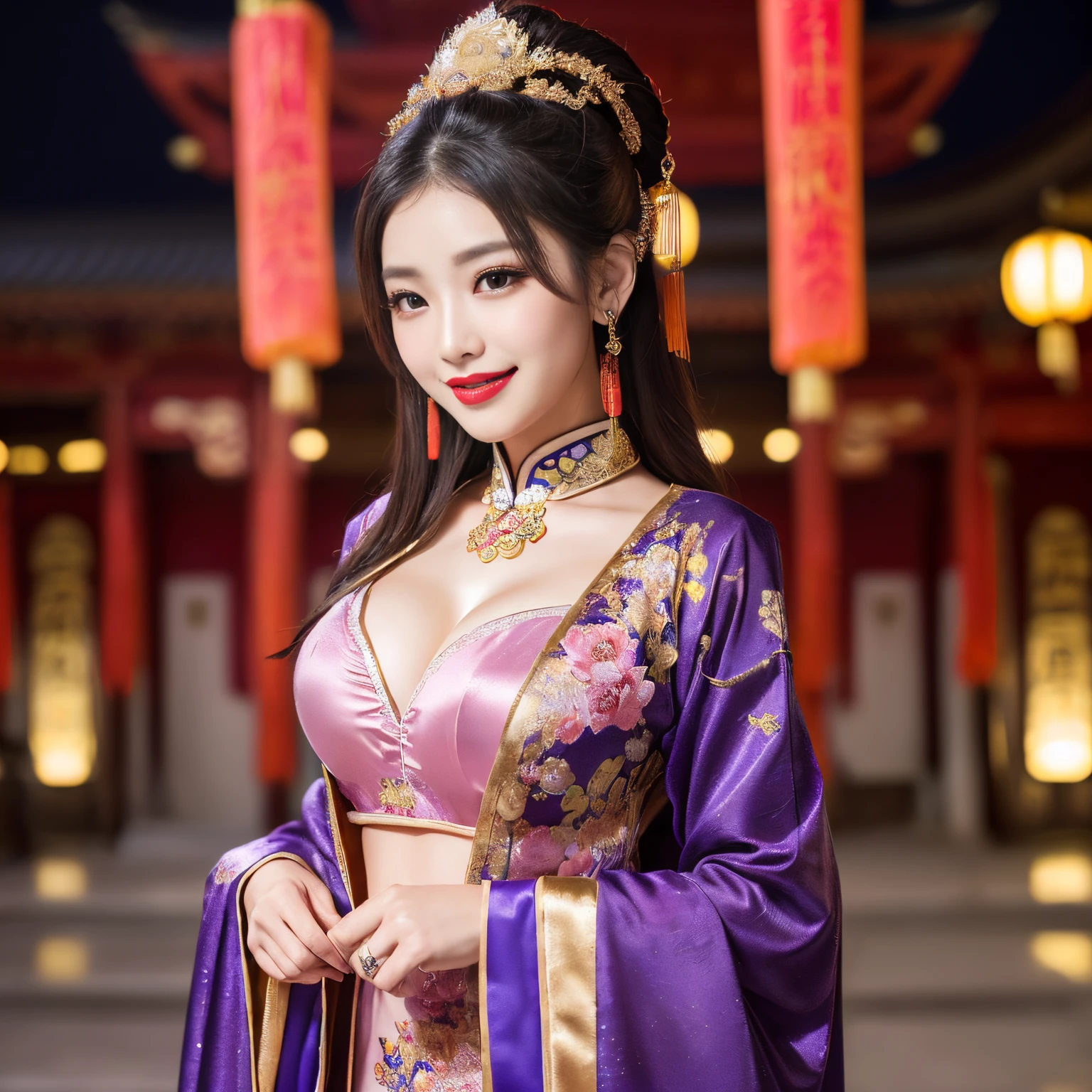 top-quality、masutepiece、8K、Top image quality、Highly complex and detailed  depictions))、(Photo of three Chinese prostitutes:1.5)、Chinese garrison  house at night、((Huge costume of the most gorgeous Chinese prostitute、the  most vivid and luxurious