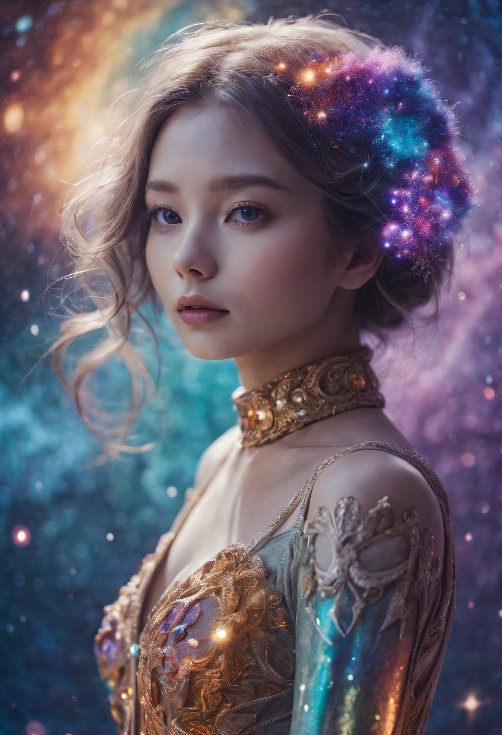 " Girl from the stars, (shimmering fur), celestial antennae, shell of wonder, planetary dreamscape, (cosmic enchantment), surreal artistry, vibrant and alien palette",kneeling, wide shot, f/1.8, bokeh