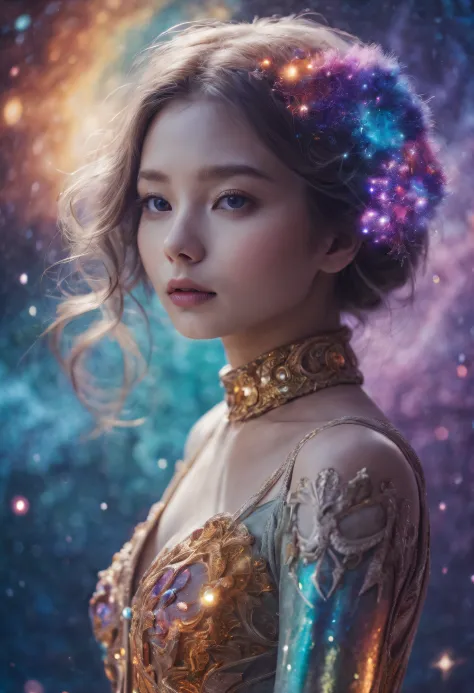 " Girl from the stars, (shimmering fur), celestial antennae, shell of wonder, planetary dreamscape, (cosmic enchantment), surrea...