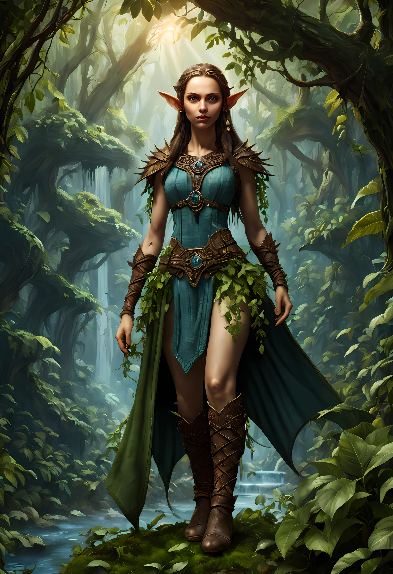 high details, best quality, 16k, [ultra detailed], masterpiece, best quality, (extremely detailed), drkfntasy,  tanjoreai, dynamic angle, ultra wide shot, RAW, photorealistic, fantasy art, realistic art, a female elf druid  (intricate details, Masterpiece, best quality: 1.5) in a jungle, a female elf wearing leather clothes  intricate details, Masterpiece, best quality: 1.4), leather boots, thick hair, long hair, brown hair, intense blue eyes, vibrant jungle (intense details), plenty of plant life, vines coming from trees,  many jungle trees (1.3 intricate details, Masterpiece, best quality), vines, a river flowing, sun light, dynamic light. dynamic angle, (intricate details, Masterpiece, best quality: 1.5) , 2.5 rendering, high details, best quality, highres, ultra wide angle