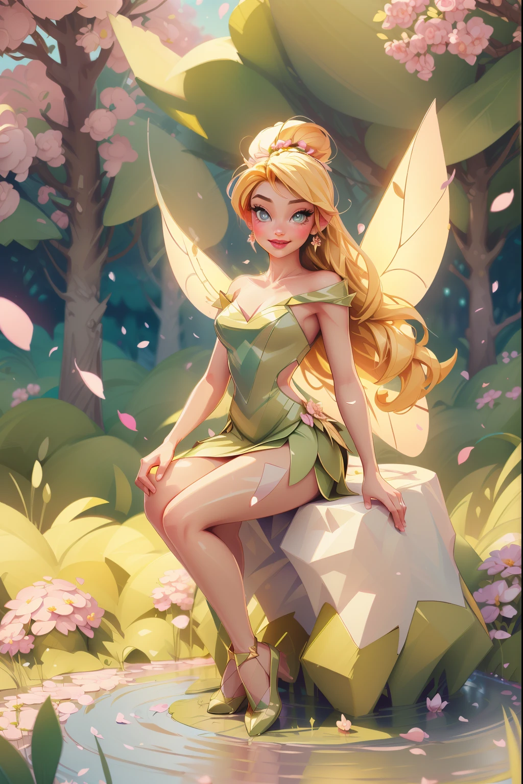 (best quality,4k,8k,highres,masterpiece:1.2),ultra-detailed,(realistic,photorealistic,photo-realistic:1.37),sexy tinkerbell,illustration,sparkling wings,enticing smile,playful eyes,long blonde hair,fairy tale,enchanted garden,floating petals,magical colors,golden dust,surreal atmosphere,soft glow,pastel tones,mystical fairy dust
