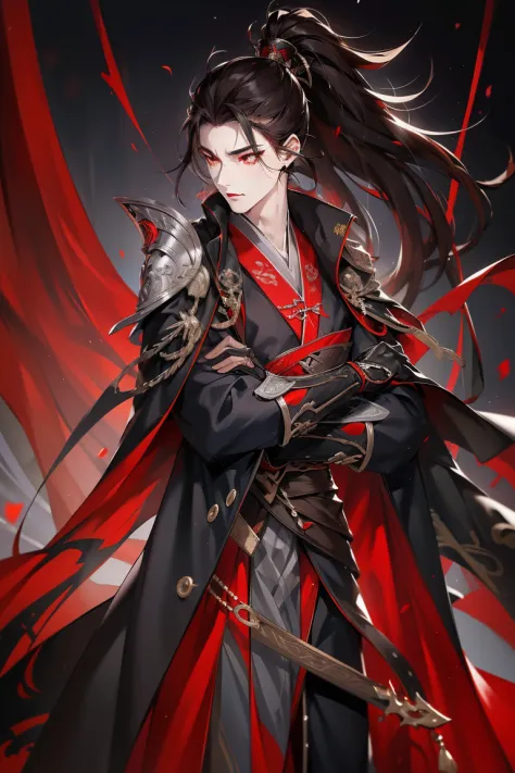 vampire man, Hanfu, Luxurious uniform black clothes，Shoulder blades，goth style（Shooting from front）hold your arm，cabelos preto e...