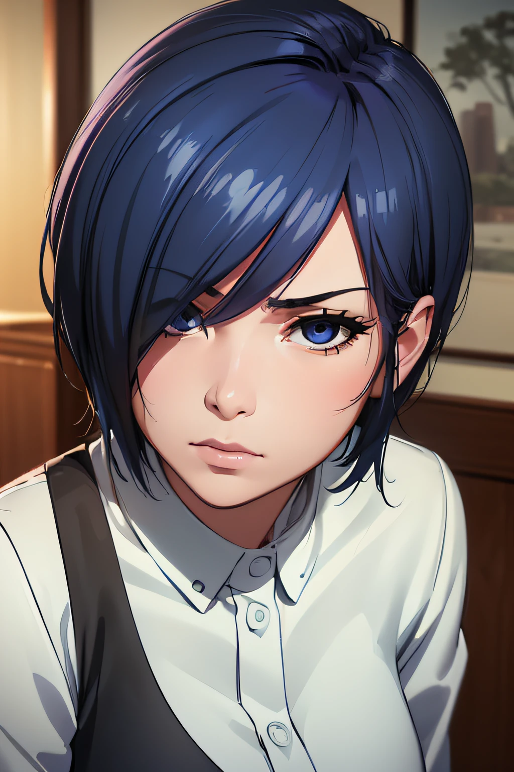 (Meilleure qualité,4k,8k,haute résolution,chef-d&#39;œuvre:1.2),un très détaillé,(Réaliste,Réaliste Photos,Réaliste Photos:1.37),Touka Kirishima,Cheveux courts bleu foncé couvrant ses yeux,Beaux yeux détaillés,Belle apparence;;;,animé,netteté,couleurs vives,Éclairage doux portant une chemise blanche