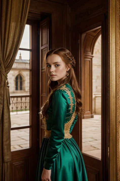 raw photo, mary stuart queen of scots, beautiful 16 years old woman, auburn hair, green eyes, (wearing a 16th cerntury royal dre...