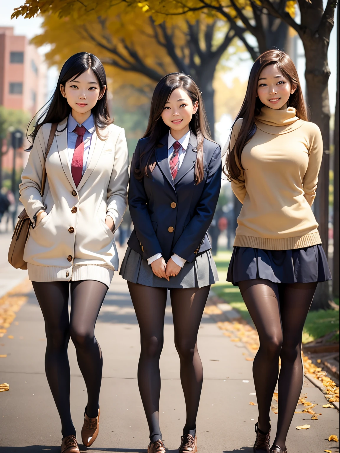 Three asian women in school uniforms walking down a sidewalk - SeaArt AI