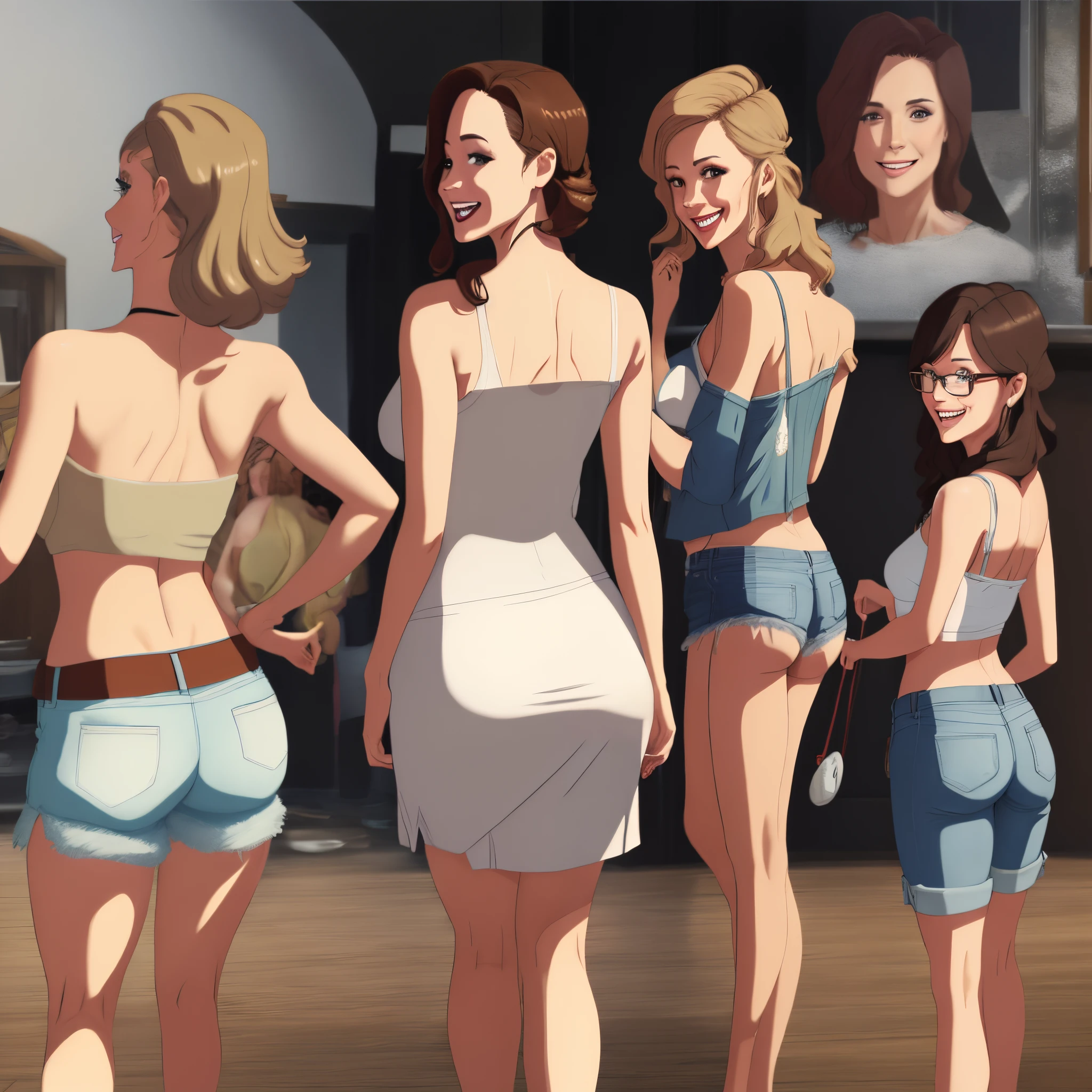 Cartoon of a group of women standing in a room with a mirror - SeaArt AI