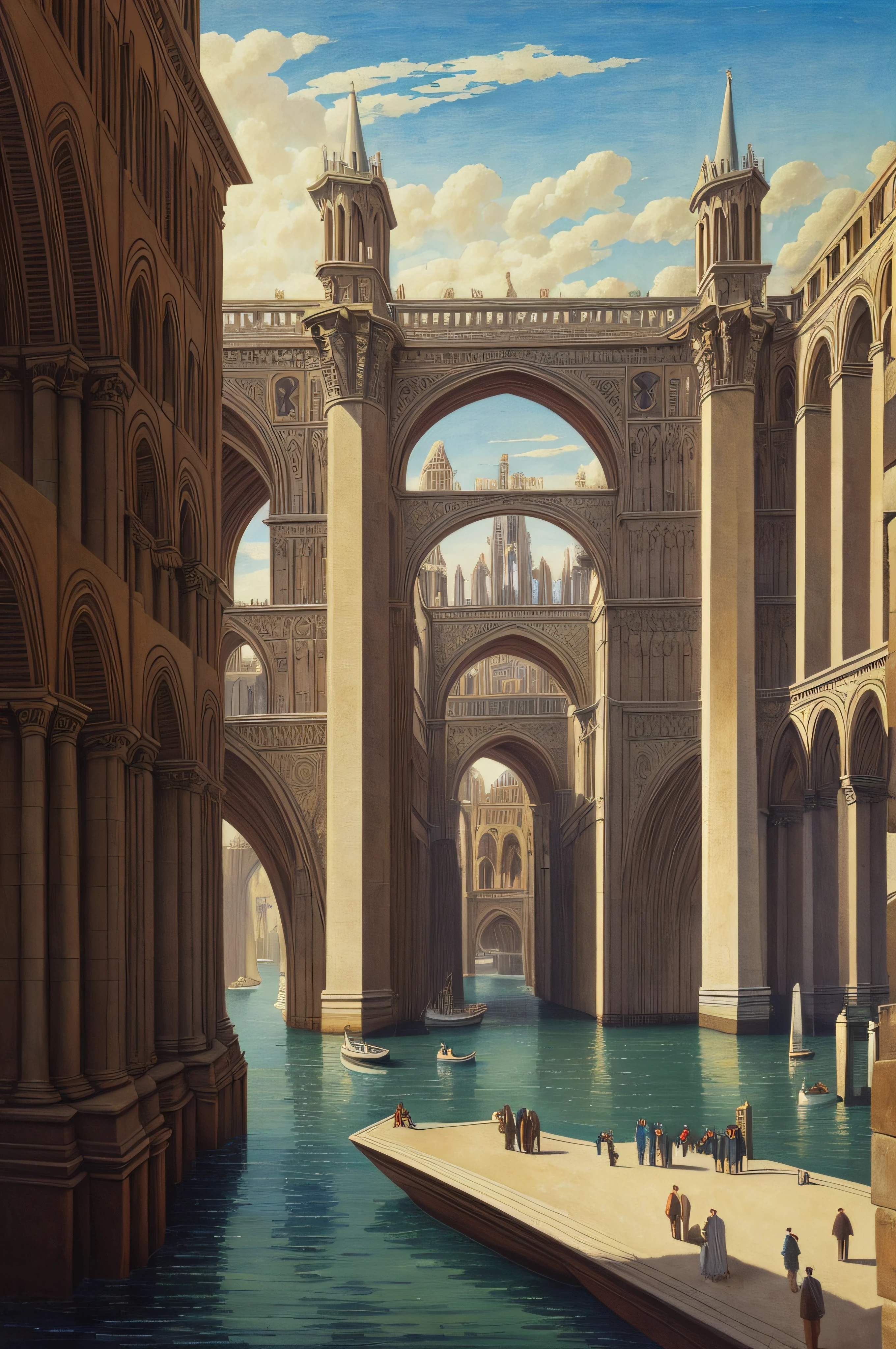 painting of a view of a city with a epic people walking and multiple boats in the water, tall arches, surrealistic victorian architecture, dry archways and spires, realistic painting of a complex, inspired Waterfall by M.C. Escher, by Ricardo Bofill, archs and columns, architectural painting, magic realism matte painting, inspired by Giovanni Bellini, inspired by David Ligare, a cathedral under an overpass, arches, inspired applies to Michiel Schrijver style, 8k res, masterpiece, award art,