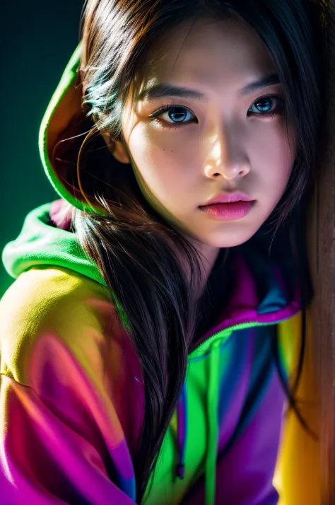 Fashion Portrait Color Photo, Woman, Neon light、large hoodie、Ultra-detailed,High resolution,super detailed skin,