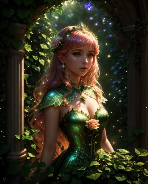 (absurdres, highres, ultra detailed), (Masterpiece), beautiful Royal Botanical Princess, shimmer, delicate ivy across her bodis,...