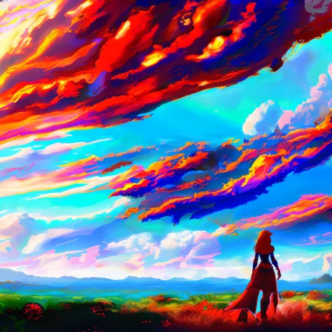 (glitchstick:1) anime, pretty woman looks at a giant cloud in the sky, anime, digital art, trending on artstation, hd, 8 k, shar...