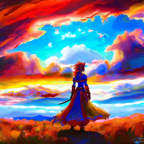 (glitchstick:1) anime, pretty woman looks at a giant cloud in the sky, anime, digital art, trending on artstation, hd, 8 k, shar...