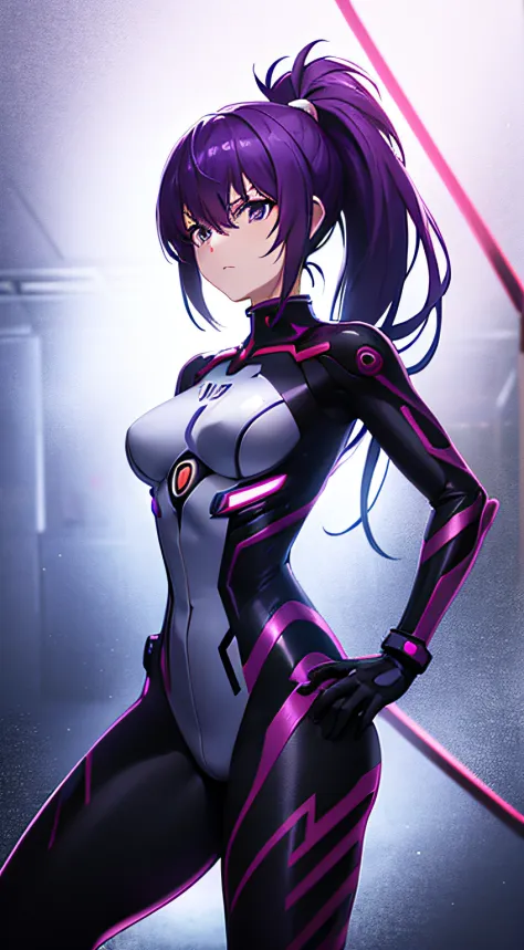Saigusa Haruka, purple hair, ponytail, sidetail, psychopatic face, evil face, emotionless face, anime character in a futuristic suit standing in a room, bodysuit, neon bodysuit, secret agent, girl in mecha cyber armor, neon genesis evangelion style, cyberp...