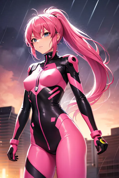 (cowboy shot), Saigusa Haruka, pink hair, ponytail, sidetail, psychopatic face, evil face, emotionless face, anime character in a futuristic suit standing in city, (rain), (city), bodysuit, neon bodysuit, secret agent, girl in mecha cyber armor, neon genes...