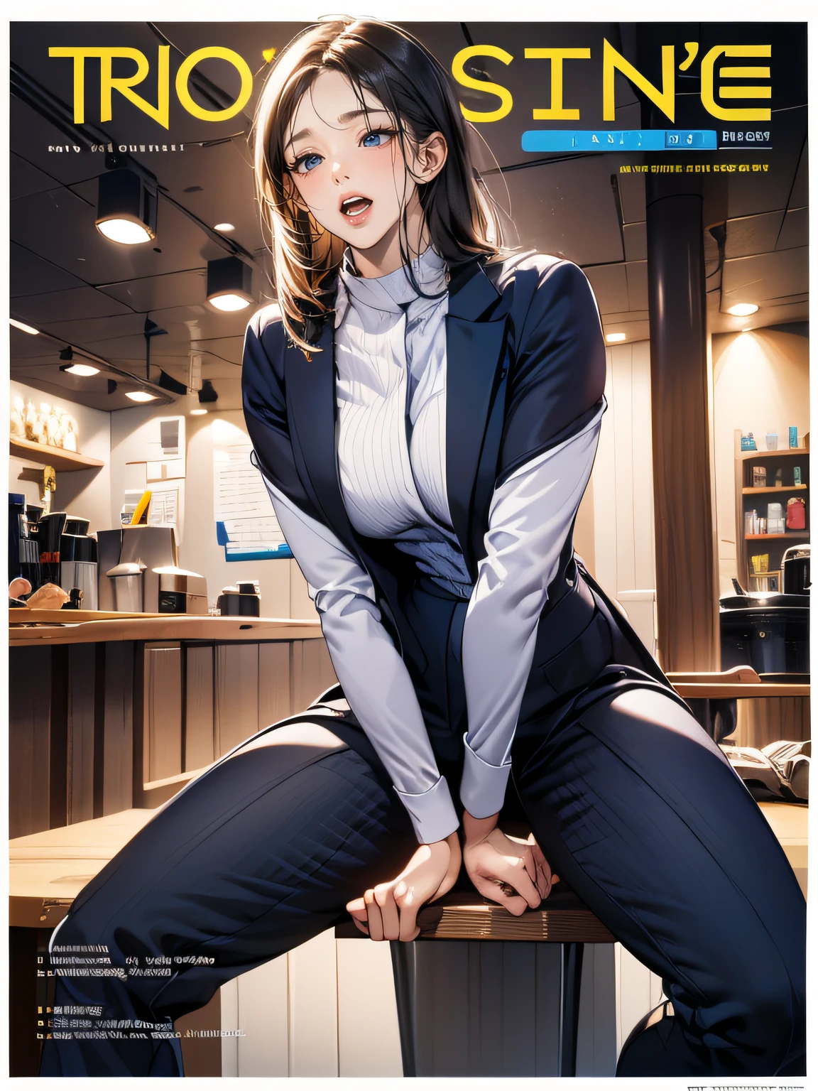 (((magazine's cover))), (large title), (many heading), (white border), suit, name plate, ID card, (whole body), straddling to hit her crotch on counter edge, open legs, raise leg, open mouth, masturbation, ecstasy face, outside, customers, ceiling,