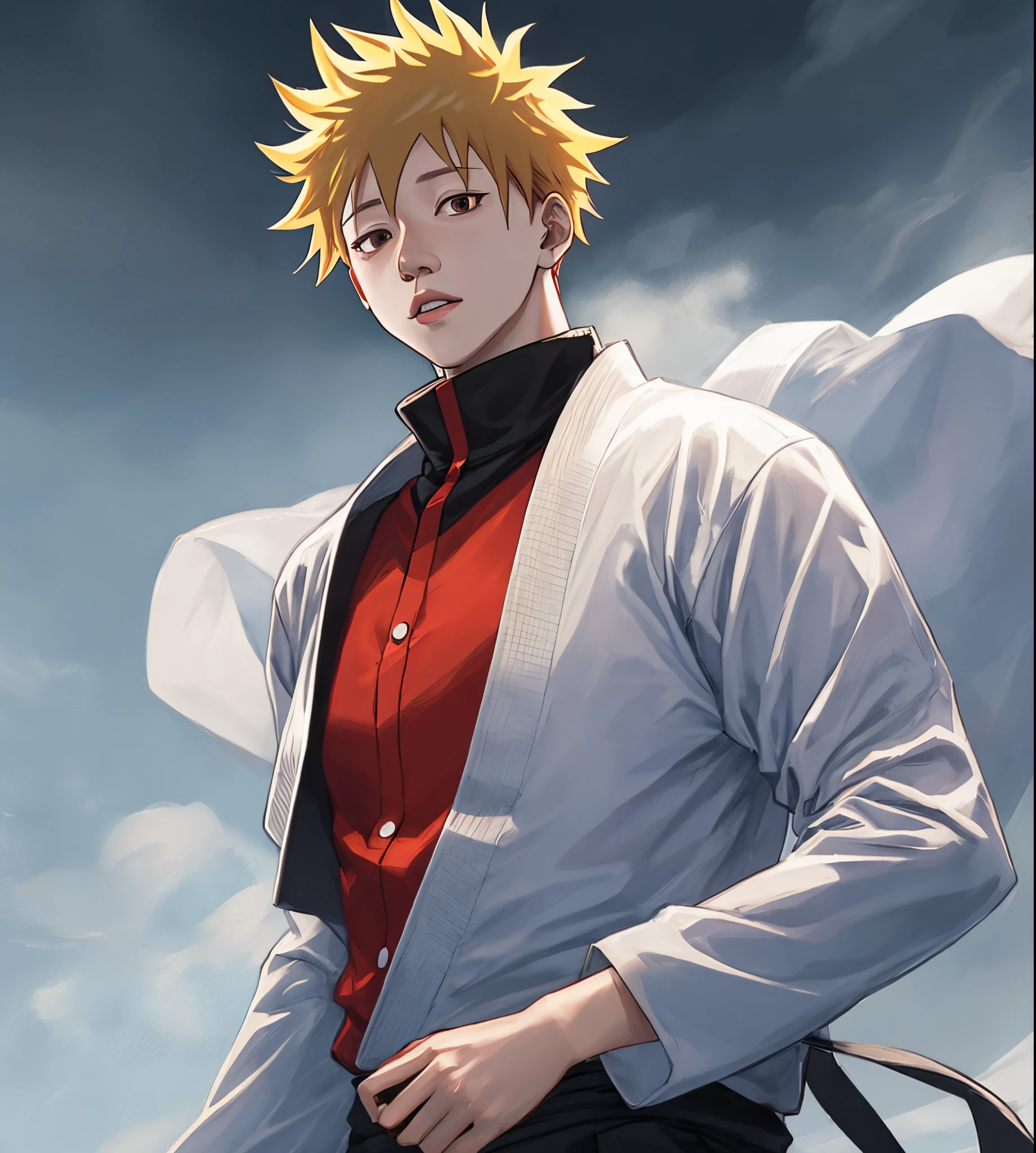 Anime guy with blonde hair and red shirt and black pants - SeaArt AI