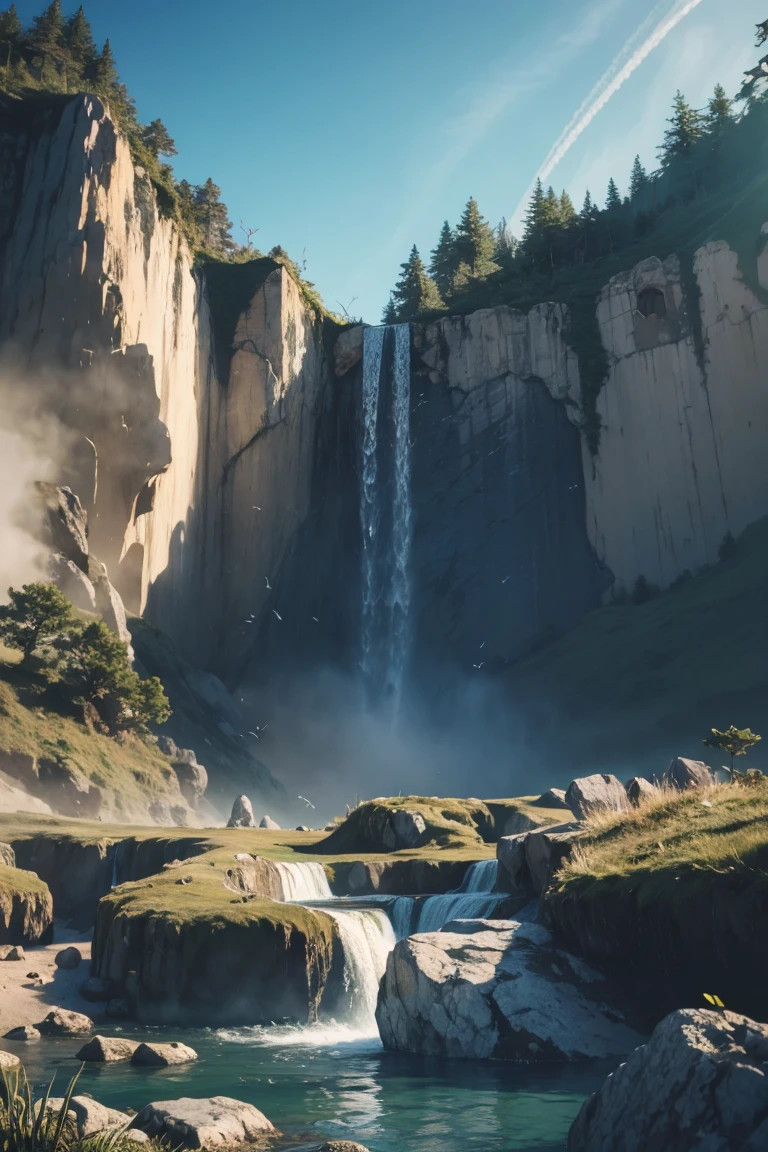 Cliff overlooking the waterfall, Several arched stones at the top, Matte Painting 8K, Matte Paint 8K, Vertical wallpaper 8K, Vertical wallpaper 8K, Vertical wallpaper 4K, Vertical wallpaper 4K, Lost Series, Realistic fantasy rendering, 8k resolution digital painting, 8k resolution digital painting,  jessica rossier fantasy art, 4K rendered matte paint, 3D rendered matte paint