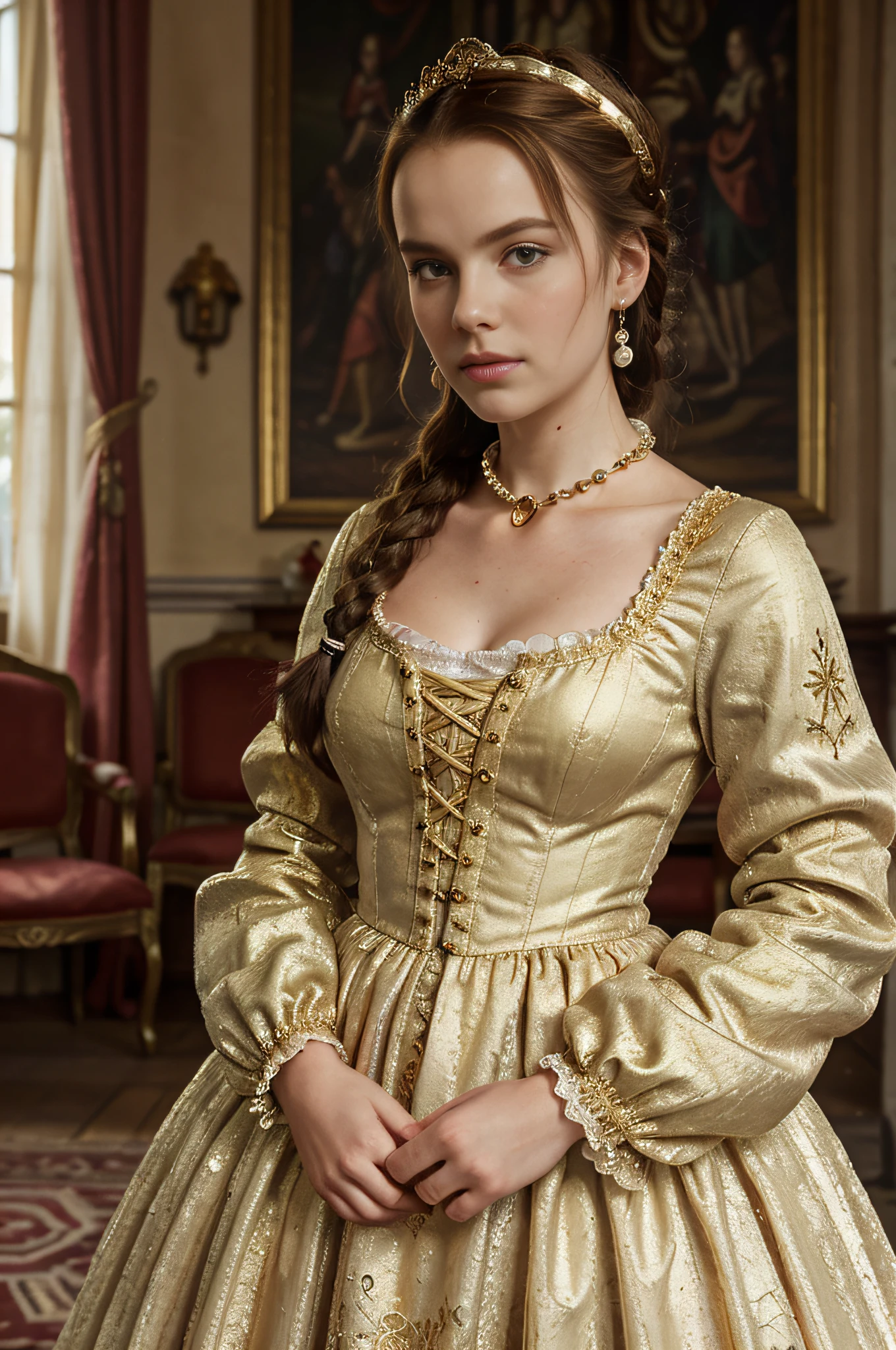 RAW photo, (Mary Stuart:1.3), Mary Stuart Queen of Scots, a beautiful 16 years old girl, slim body, thin face, narrow waist, auburn hair, green eyes, very pale skin with light freckles, (she is wearing a 16th century French renaissance gown made of gold cloth, she has high collared doublet in pink or "incarnate" satin embroidered with triplets of pearls , she is wearing renaissance jewelry, her hair is trimmed with lace, her hair style includes one intricate braid and curls, she is wearing cuffs on her sleeves, she has a large ruff around her neck:1.4), intricate details, cowboy shot, (high detailed eyes, high detailed skin:1.2), 8k UHD, dslr, soft lighting, high quality, fim grain, Fujifilm XT3, a renaissance french castle reception room in the background