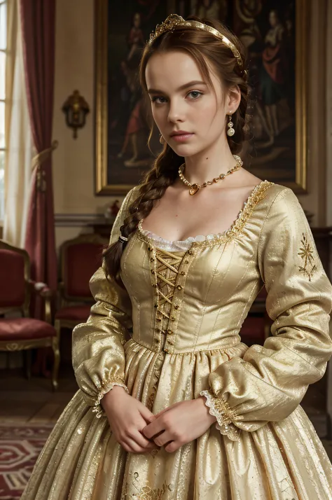 RAW photo, (Mary Stuart:1.3), Mary Stuart Queen of Scots, a beautiful 16 years old girl, slim body, thin face, narrow waist, aub...