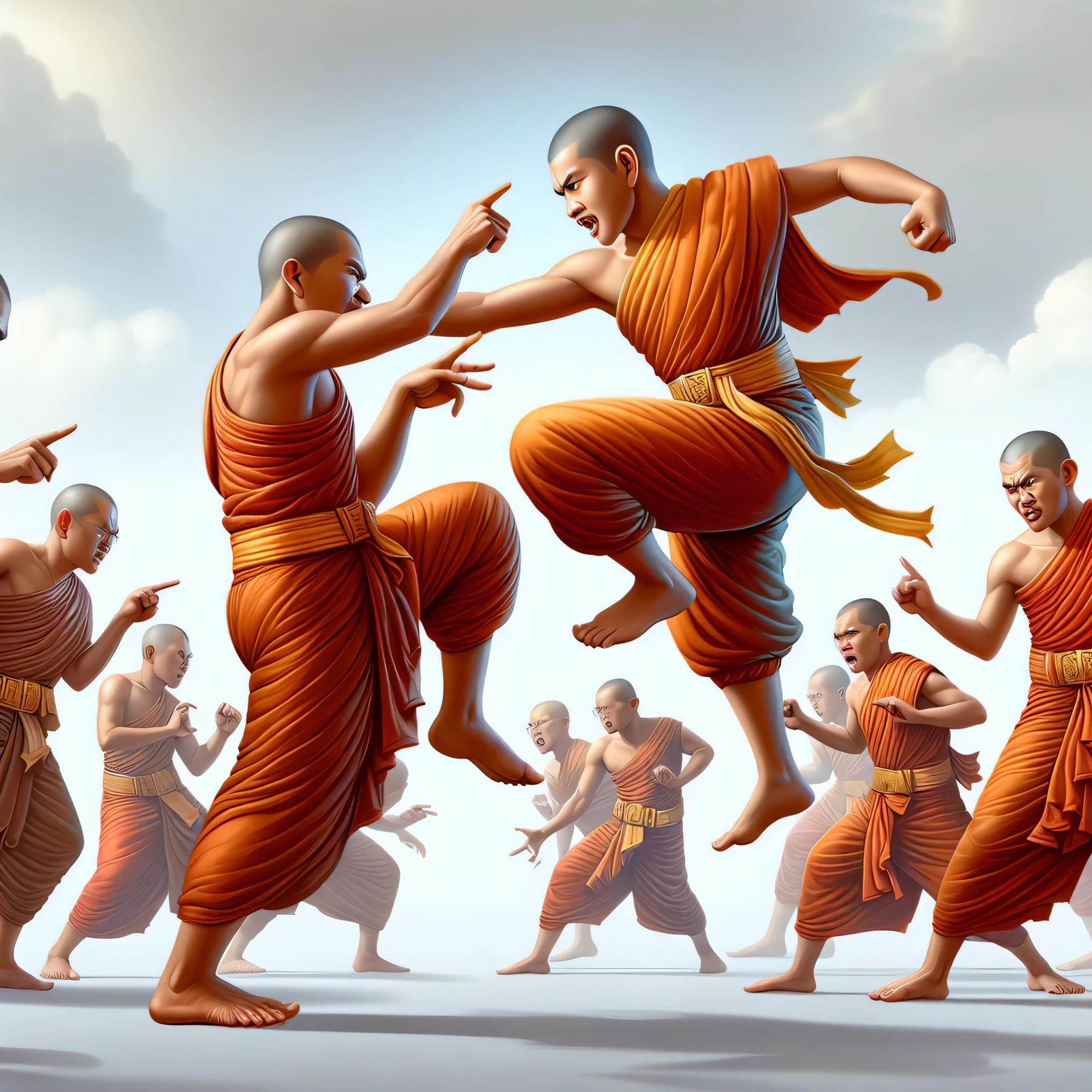 there are many monks doing a martial pose in a group, monks, by
