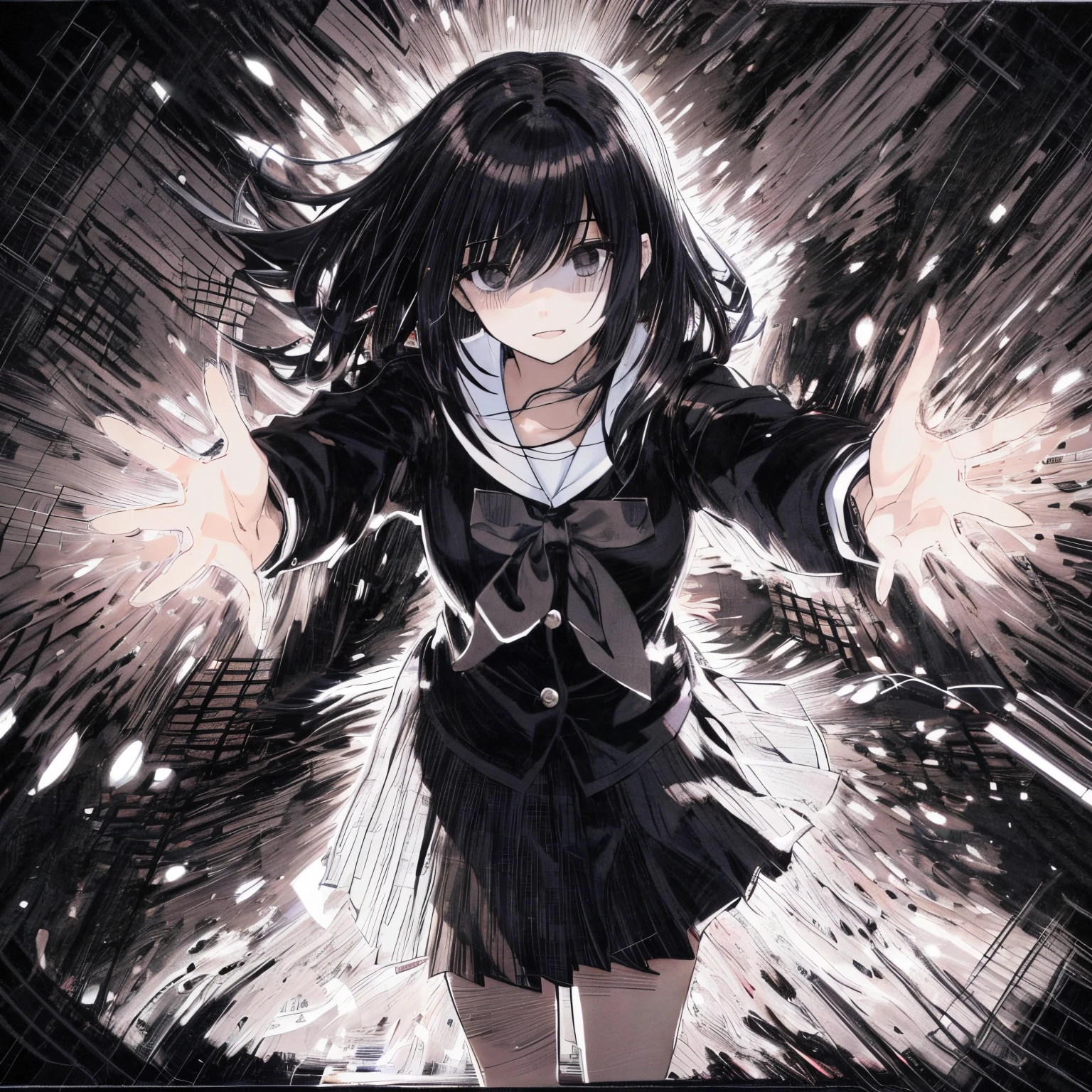 in the style of Chi no Wadachi, manga style, black and white, a girl standing, wearing a  reaching out for embrace with both hands, surrounded by darkness, black hair, her face scribbled out, ((wide shot)), ((centered)), ((from below, distanced)), ((in the distance surrounded by darkness)), ((shadow over eyes))