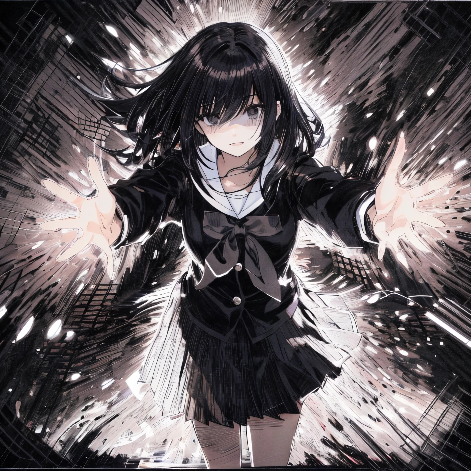 in the style of Chi no Wadachi, manga style, black and white, a girl standing, wearing a school uniform reaching out for embrace with both hands, surrounded by darkness, black hair, her face scribbled out, ((wide shot)), ((centered)), ((from below, distanced)), ((in the distance surrounded by darkness)), ((shadow over eyes))