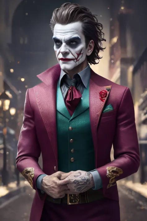(8k, RAW photo, best quality, masterpiece:1.2), ultra detailed, official art, photo-realistic:1.37, upper body shot, DC Joker, film grain, action pose