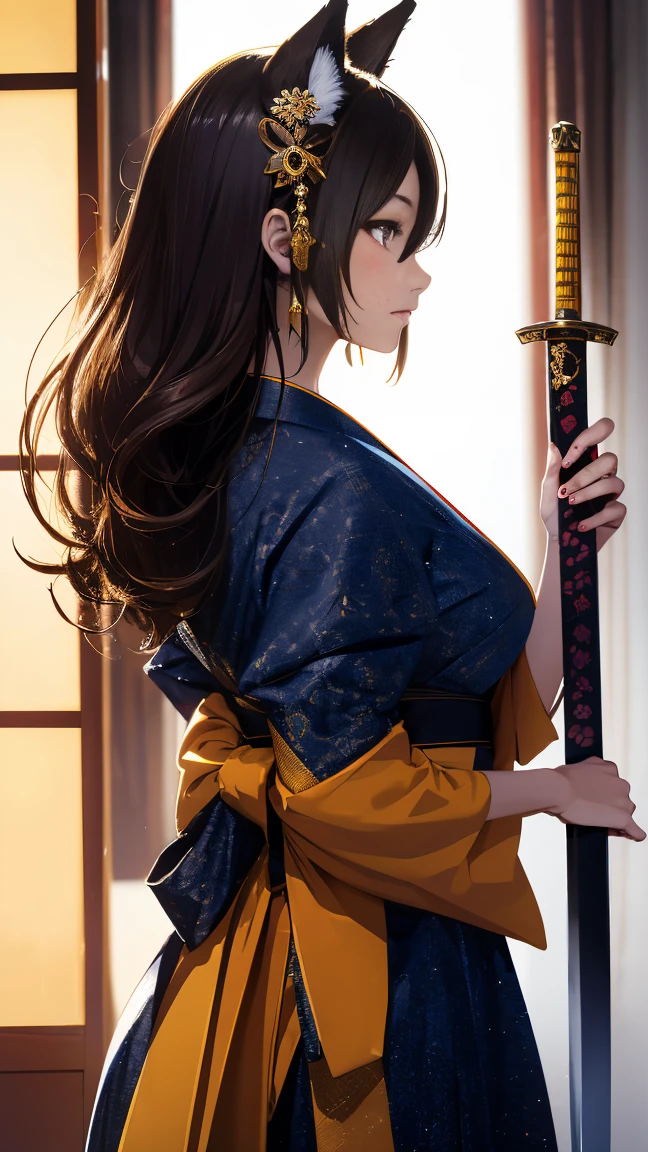 (((desviando o olhar:1))), ((Olhe para outro:1)), encarnação de raposa、Sexy Guerreira Feminina、Japão Yokai、Guerreira raposa sexy com uma espada japonesa、orelhas de raposa、Uma figura segurando uma linda espada