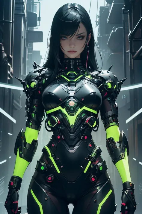 beautiful alluring cyborg cybergoth female,metal chrome bare skin, athletic well toned body, exposed green fluorescent mechanica...