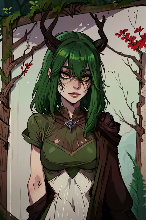 Masterpiece, best quality, portrait, female, fair skin, green hair, large deer antlers, female leshen from witcher tales, beautiful, forest background, bone jewelry, rustic coffee color clothes decorated with bones and death deer skulls, ripped, death spir...