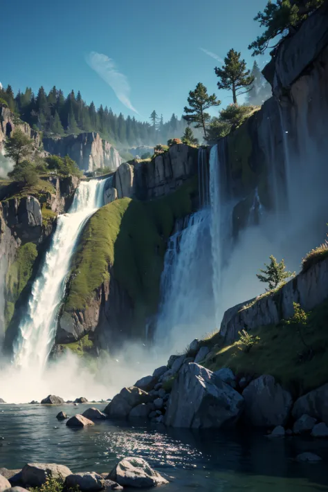 Cliff overlooking the waterfall, Several arched stones at the top, Matte Painting 8K, Matte Paint 8K, Vertical wallpaper 8K, Ver...