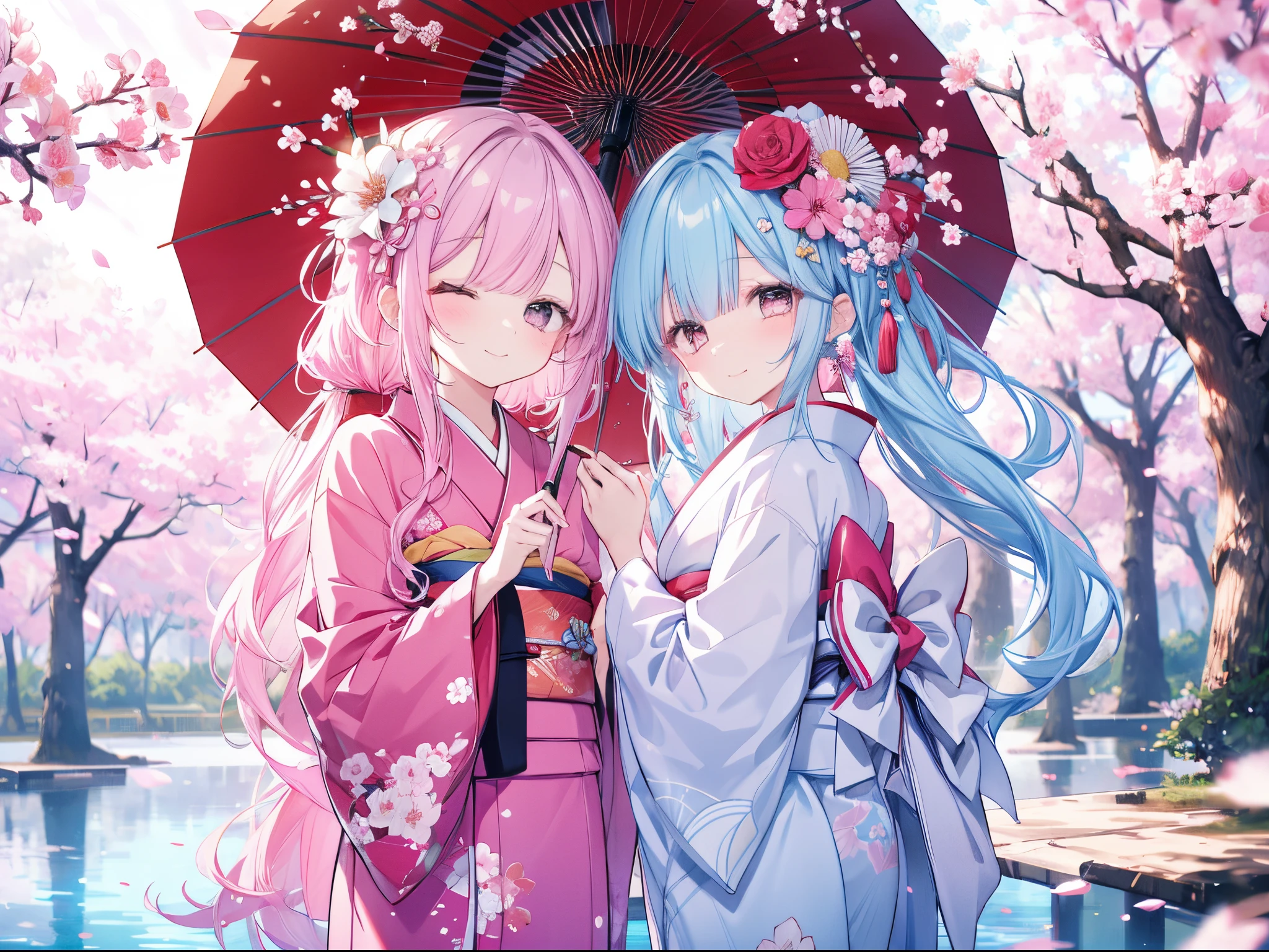 there are two girls that are standing underneath the trees and holding flags and umbrellas, oil-paper umbrella, multiple girls, umbrella, pink hair, kimono, japanese clothes, flower, hair flower, closed eyes, holding umbrella, hair ornament, sash, holding, white kimono, smile, cherry blossoms, obi, petals, pink kimono, closed mouth, wide sleeves, floral print, pink flower, bangs, long sleeves, white flower